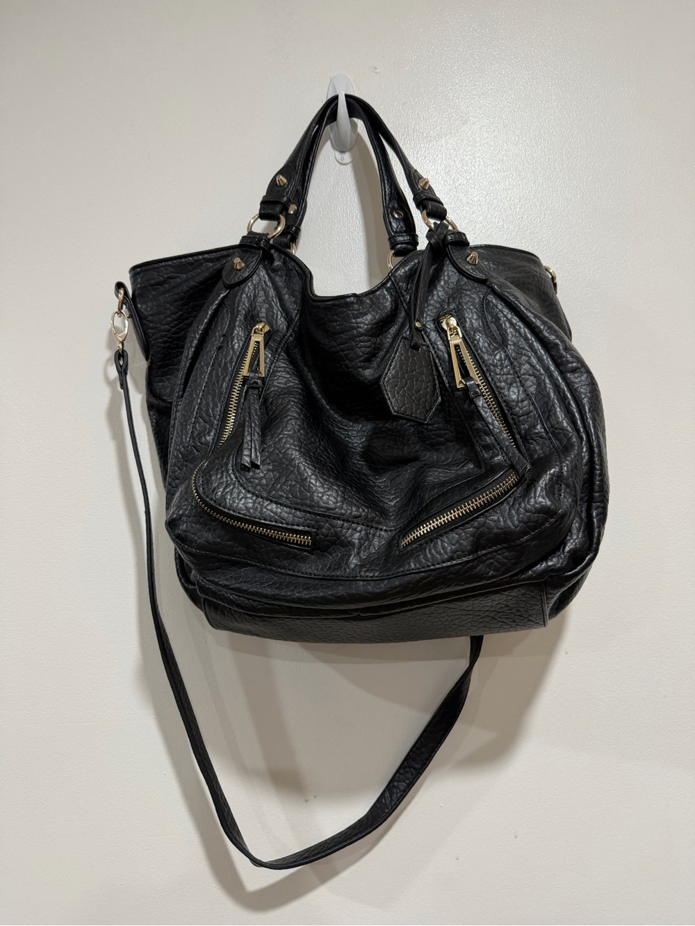 Jessica Simpson Black Faux Leather Moto Satchel Shoulder Bag Gold Hardware - Picture 1 of 10